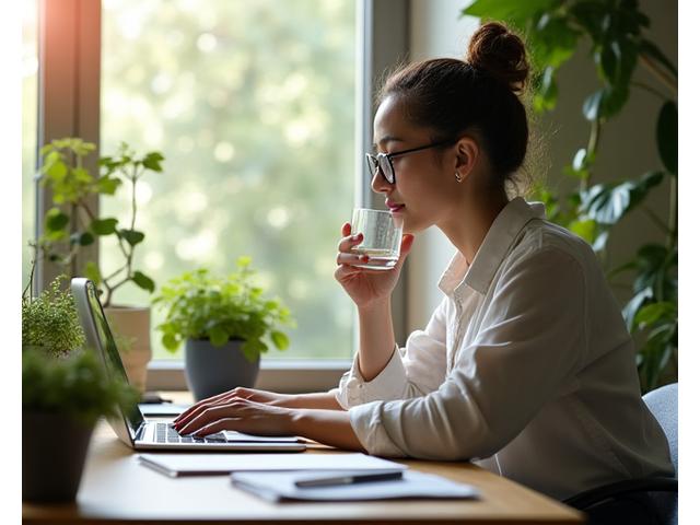 A person working calmly and productively at a bright, organized desk, surrounded by subtle elements of nature indoors, illustrating workplace well-being and stress management.
