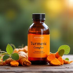 Bottle of Turmeric Complex with turmeric roots